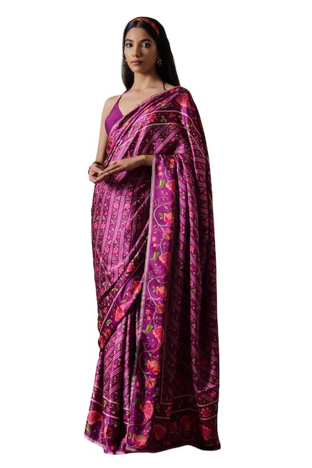 Irrau By Samir Mantri_Purple Satin Tara Floral Vine Print Saree _Online_at_Aza_Fashions
