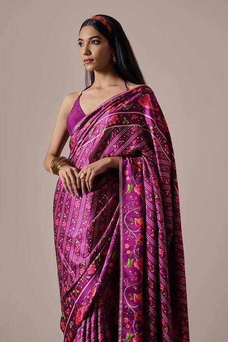 Buy_Irrau By Samir Mantri_Purple Satin Tara Floral Vine Print Saree _Online_at_Aza_Fashions