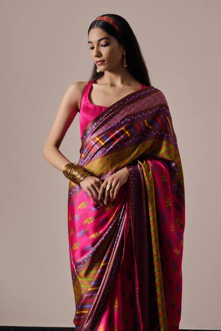 Buy_Irrau By Samir Mantri_Multi Color Satin Embroidery Ashni Florette Print Saree _Online_at_Aza_Fashions