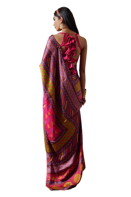 Shop_Irrau By Samir Mantri_Multi Color Satin Embroidery Ashni Florette Print Saree _Online_at_Aza_Fashions