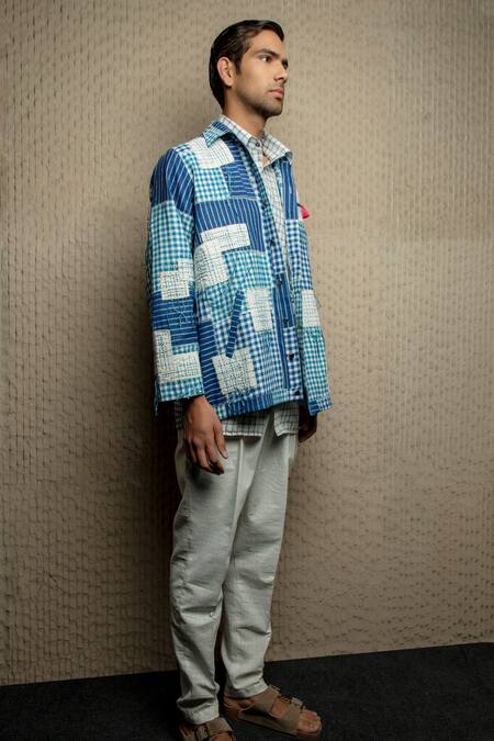 Shruti Sancheti Blue Cotton Embroidery Checkered Jacket Online at Aza Fashions Shruti Sancheti_Blue Cotton Embroidery Checkered Jacket _Online_at_Aza_Fashions