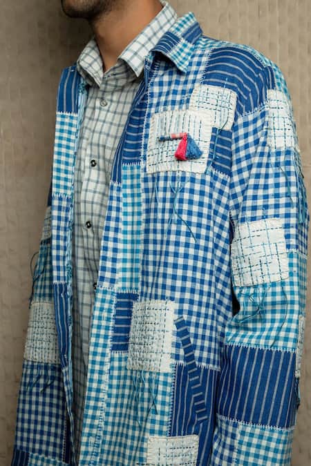 Buy Shruti Sancheti Blue Cotton Embroidery Checkered Jacket Online at Aza Fashions Buy_Shruti Sancheti_Blue Cotton Embroidery Checkered Jacket _Online_at_Aza_Fashions