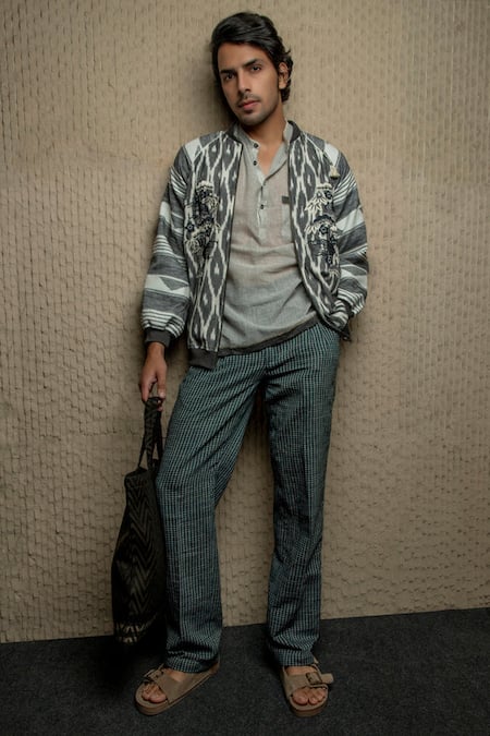 Shop Shruti Sancheti Grey Cotton Embroidery Ikat Jacket at Aza Fashions Shop_Shruti Sancheti_Grey Cotton Embroidery Ikat Jacket _at_Aza_Fashions