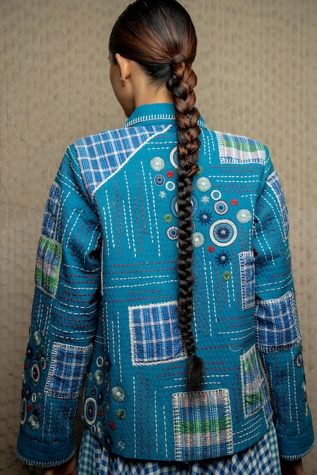 Shop Shruti Sancheti Blue Cotton Embroidery Collared Kanth Patchwork Jacket at Aza Fashions Shop_Shruti Sancheti_Blue Cotton Embroidery Collared Kanth Patchwork Jacket _at_Aza_Fashions
