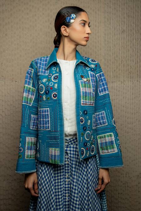 Shruti Sancheti Blue Cotton Embroidery Collared Kanth Patchwork Jacket Online at Aza Fashions Shruti Sancheti_Blue Cotton Embroidery Collared Kanth Patchwork Jacket _Online_at_Aza_Fashions