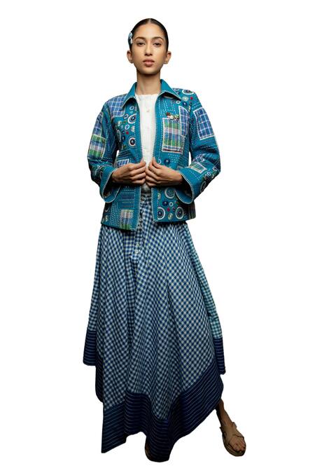 Buy Shruti Sancheti Blue Cotton Embroidery Collared Kanth Patchwork Jacket Online at Aza Fashions Buy_Shruti Sancheti_Blue Cotton Embroidery Collared Kanth Patchwork Jacket _Online_at_Aza_Fashions
