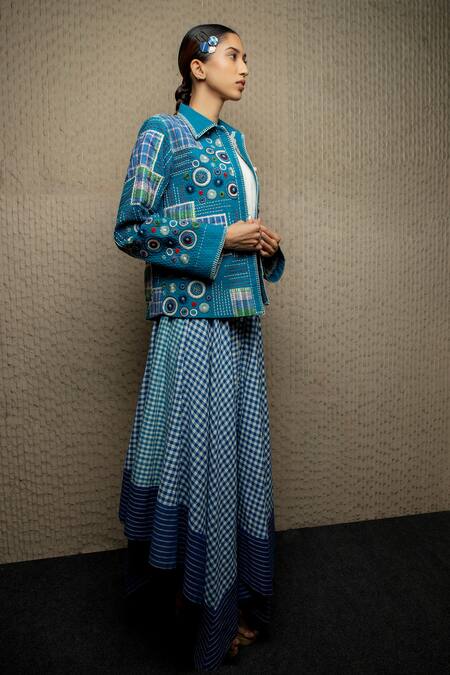 Shop Shruti Sancheti Blue Cotton Embroidery Collared Kanth Patchwork Jacket Online at Aza Fashions Shop_Shruti Sancheti_Blue Cotton Embroidery Collared Kanth Patchwork Jacket _Online_at_Aza_Fashions