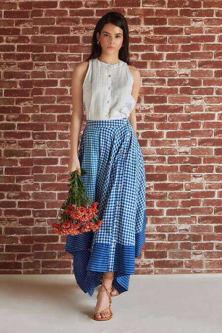 Shruti Sancheti Blue Cotton Checkered Pattern Asymmetric Skirt 