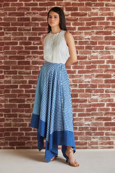 Shop Shruti Sancheti Blue Cotton Checkered Pattern Asymmetric Skirt at Aza Fashions Shop_Shruti Sancheti_Blue Cotton Checkered Pattern Asymmetric Skirt _at_Aza_Fashions