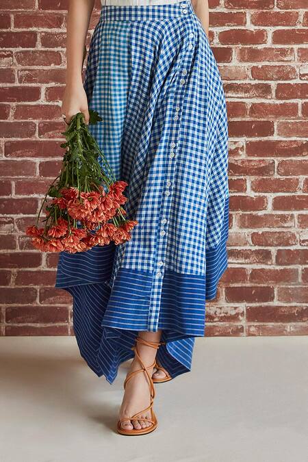 Buy Shruti Sancheti Blue Cotton Checkered Pattern Asymmetric Skirt Online at Aza Fashions Buy_Shruti Sancheti_Blue Cotton Checkered Pattern Asymmetric Skirt _Online_at_Aza_Fashions