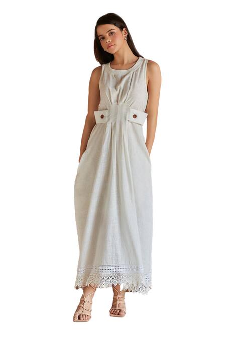 Shop Shruti Sancheti White Cotton Lace Round Neck Midi Dress Online at Aza Fashions Shop_Shruti Sancheti_White Cotton Lace Round Neck Midi Dress _Online_at_Aza_Fashions