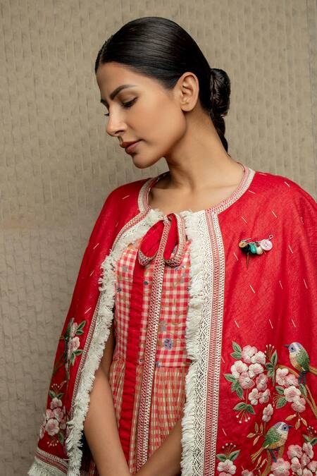 Shruti Sancheti Red Floral Bird Embroidered Cape Online at Aza Fashions Shruti Sancheti_Red Floral Bird Embroidered Cape _Online_at_Aza_Fashions