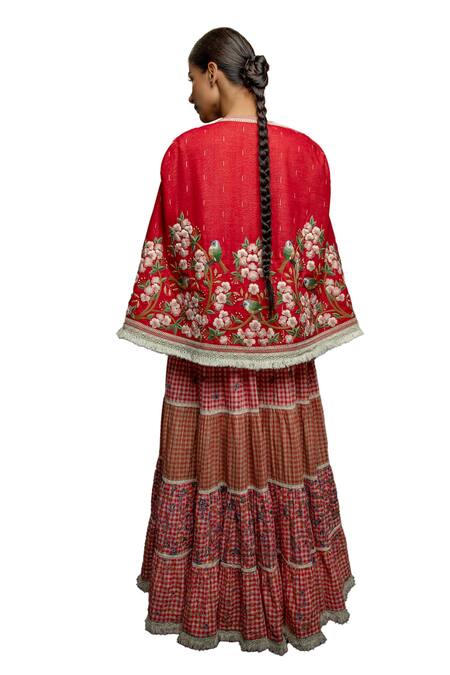 Shop Shruti Sancheti Red Floral Bird Embroidered Cape Online at Aza Fashions Shop_Shruti Sancheti_Red Floral Bird Embroidered Cape _Online_at_Aza_Fashions
