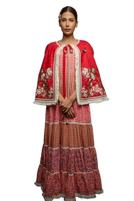 Shruti Sancheti Red Floral Bird Embroidered Cape at Aza Fashions Shruti Sancheti_Red Floral Bird Embroidered Cape _at_Aza_Fashions