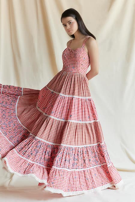 Shop Shruti Sancheti Red Cotton Lace Sweetheart Neck Checkered Pattern Tiered Maxi Dress at Aza Fashions Shop_Shruti Sancheti_Red Cotton Lace Sweetheart Neck Checkered Pattern Tiered Maxi Dress _at_Aza_Fashions