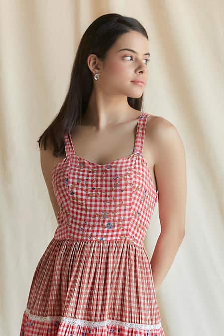 Shruti Sancheti Red Cotton Lace Sweetheart Neck Checkered Pattern Tiered Maxi Dress Online at Aza Fashions Shruti Sancheti_Red Cotton Lace Sweetheart Neck Checkered Pattern Tiered Maxi Dress _Online_at_Aza_Fashions