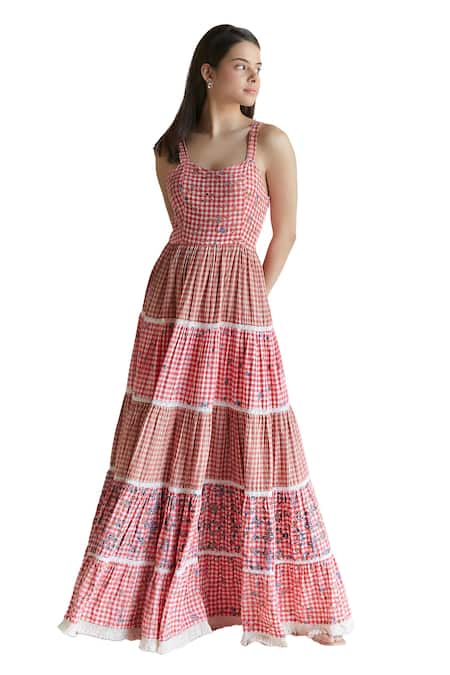 Buy Shruti Sancheti Red Cotton Lace Sweetheart Neck Checkered Pattern Tiered Maxi Dress Online at Aza Fashions Buy_Shruti Sancheti_Red Cotton Lace Sweetheart Neck Checkered Pattern Tiered Maxi Dress _Online_at_Aza_Fashions