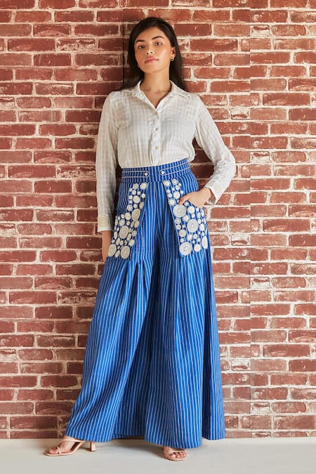 Shop Shruti Sancheti Blue Cotton Embroidery Floral Flared Pant at Aza Fashions Shop_Shruti Sancheti_Blue Cotton Embroidery Floral Flared Pant _at_Aza_Fashions