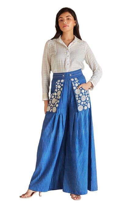 Shruti Sancheti Blue Cotton Embroidery Floral Flared Pant Online at Aza Fashions Shruti Sancheti_Blue Cotton Embroidery Floral Flared Pant _Online_at_Aza_Fashions