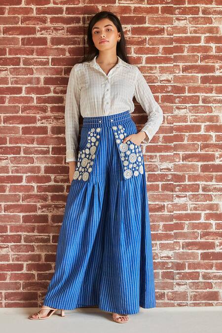 Buy Shruti Sancheti Blue Cotton Embroidery Floral Flared Pant Online at Aza Fashions Buy_Shruti Sancheti_Blue Cotton Embroidery Floral Flared Pant _Online_at_Aza_Fashions