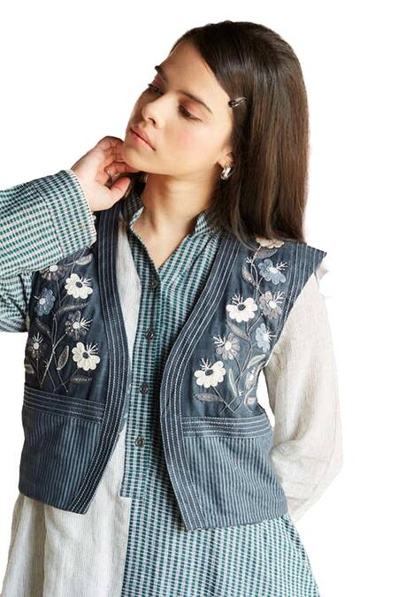 Shruti Sancheti Grey Cotton Embroidery Open Neck Floral Waistcoat Online at Aza Fashions Shruti Sancheti_Grey Cotton Embroidery Open Neck Floral Waistcoat _Online_at_Aza_Fashions