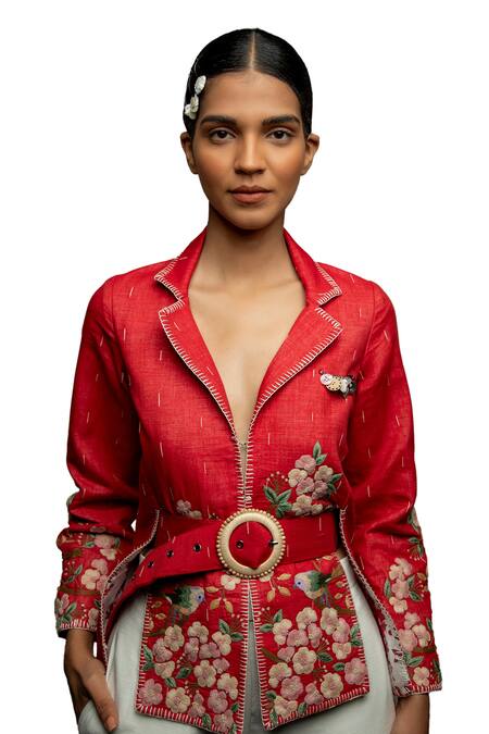 Shruti Sancheti_Red Cotton Embroidery Floral Jacket With Belt _Online_at_Aza_Fashions