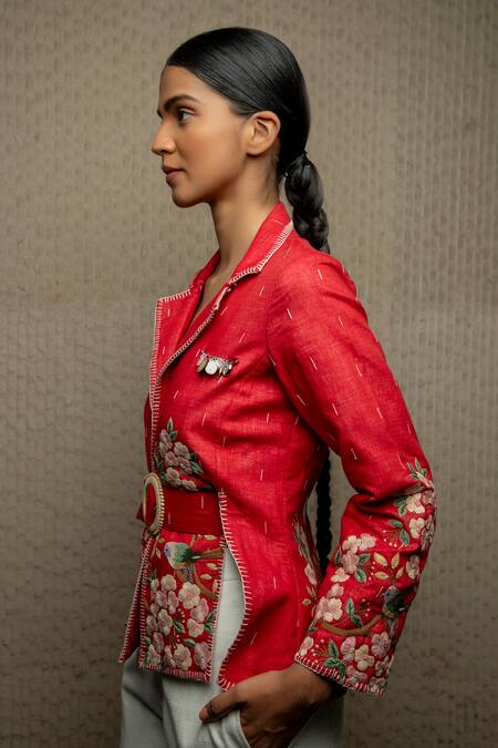 Buy_Shruti Sancheti_Red Cotton Embroidery Floral Jacket With Belt _Online_at_Aza_Fashions