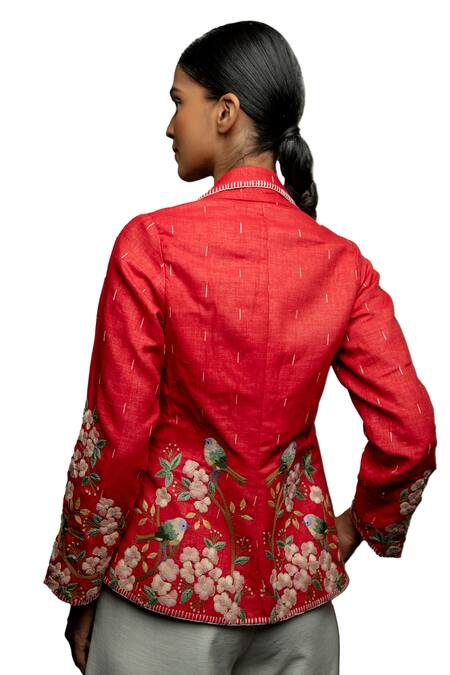 Shop_Shruti Sancheti_Red Cotton Embroidery Floral Jacket With Belt _Online_at_Aza_Fashions