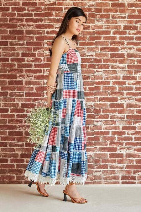 Shop Shruti Sancheti Multi Color Cotton Lace Square Neck Tiered Blocked Dress at Aza Fashions Shop_Shruti Sancheti_Multi Color Cotton Lace Square Neck Tiered Blocked Dress _at_Aza_Fashions