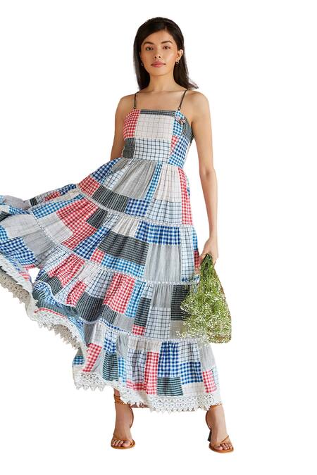 Shruti Sancheti Multi Color Cotton Lace Square Neck Tiered Blocked Dress Online at Aza Fashions Shruti Sancheti_Multi Color Cotton Lace Square Neck Tiered Blocked Dress _Online_at_Aza_Fashions