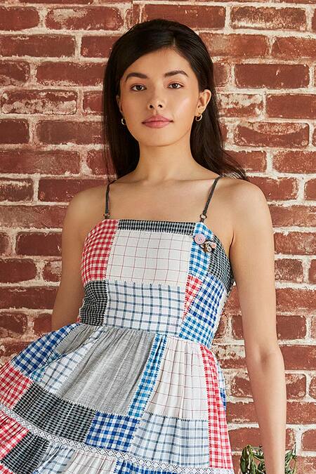 Buy Shruti Sancheti Multi Color Cotton Lace Square Neck Tiered Blocked Dress Online at Aza Fashions Buy_Shruti Sancheti_Multi Color Cotton Lace Square Neck Tiered Blocked Dress _Online_at_Aza_Fashions