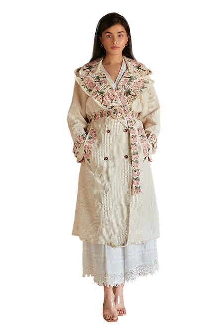 Shruti Sancheti Off White Cotton Embroidery Shawl Floral Collar Long Trench Jacket With Belt Online at Aza Fashions Shruti Sancheti_Off White Cotton Embroidery Shawl Floral Collar Long Trench Jacket With Belt _Online_at_Aza_Fashions