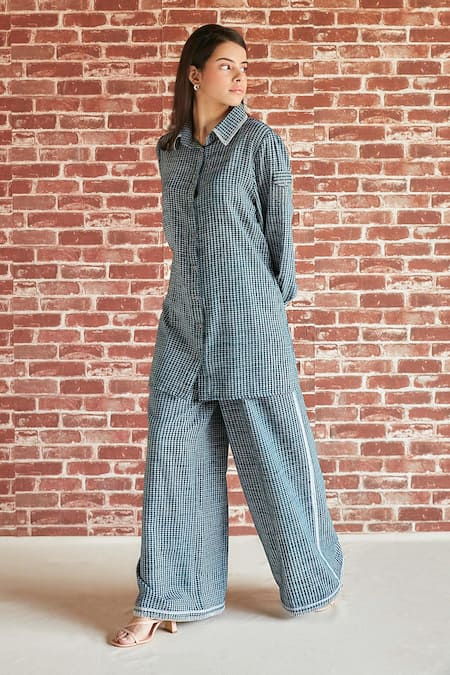 Shruti Sancheti Green Cotton Collared Striped Shirt And Pant Set Online at Aza Fashions Shruti Sancheti_Green Cotton Collared Striped Shirt And Pant Set _Online_at_Aza_Fashions