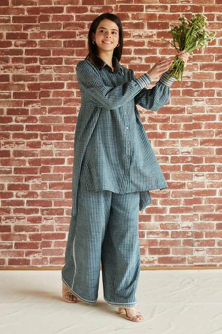Shop Shruti Sancheti Green Cotton Collared Striped Shirt And Pant Set Online at Aza Fashions Shop_Shruti Sancheti_Green Cotton Collared Striped Shirt And Pant Set _Online_at_Aza_Fashions