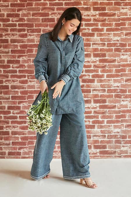 Buy Shruti Sancheti Green Cotton Collared Striped Shirt And Pant Set Buy_Shruti Sancheti_Green Cotton Collared Striped Shirt And Pant Set