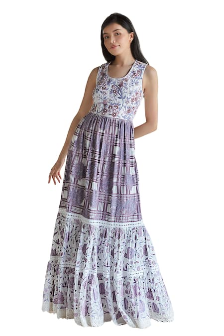 Shop Shruti Sancheti Purple Silk Embroidery Round Neck Floral Yoke Maxi Dress Online at Aza Fashions Shop_Shruti Sancheti_Purple Silk Embroidery Round Neck Floral Yoke Maxi Dress _Online_at_Aza_Fashions