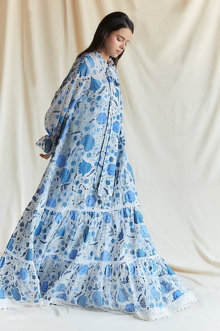 Shop Shruti Sancheti Blue Silk Lace Round Neck Chintz Print Embroidered Maxi Dress at Aza Fashions Shop_Shruti Sancheti_Blue Silk Lace Round Neck Chintz Print Embroidered Maxi Dress _at_Aza_Fashions