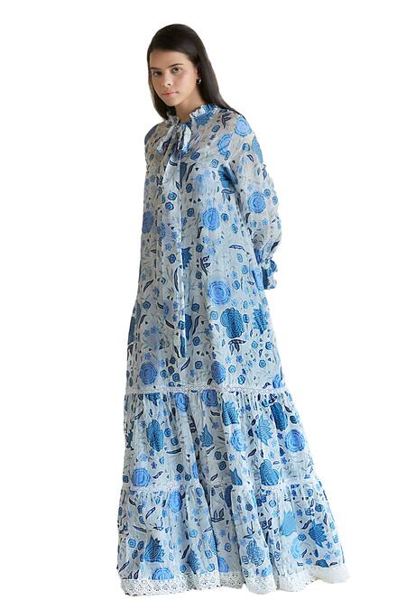Shruti Sancheti Blue Silk Lace Round Neck Chintz Print Embroidered Maxi Dress Online at Aza Fashions Shruti Sancheti_Blue Silk Lace Round Neck Chintz Print Embroidered Maxi Dress _Online_at_Aza_Fashions