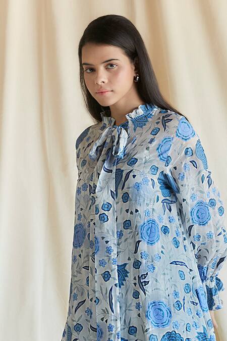 Buy Shruti Sancheti Blue Silk Lace Round Neck Chintz Print Embroidered Maxi Dress Online at Aza Fashions Buy_Shruti Sancheti_Blue Silk Lace Round Neck Chintz Print Embroidered Maxi Dress _Online_at_Aza_Fashions