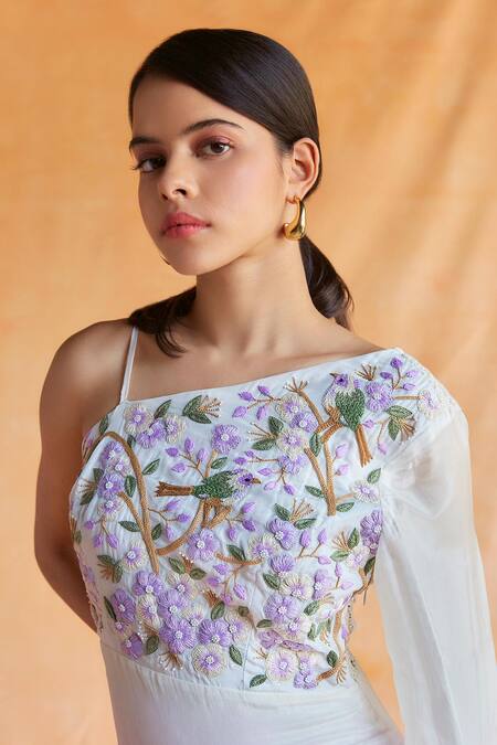 Shop Shruti Sancheti Purple Hemp, Silk Embroidery One Shoulder Floral One-shouder Dress Online at Aza Fashions Shop_Shruti Sancheti_Purple Hemp, Silk Embroidery One Shoulder Floral One-shouder Dress _Online_at_Aza_Fashions
