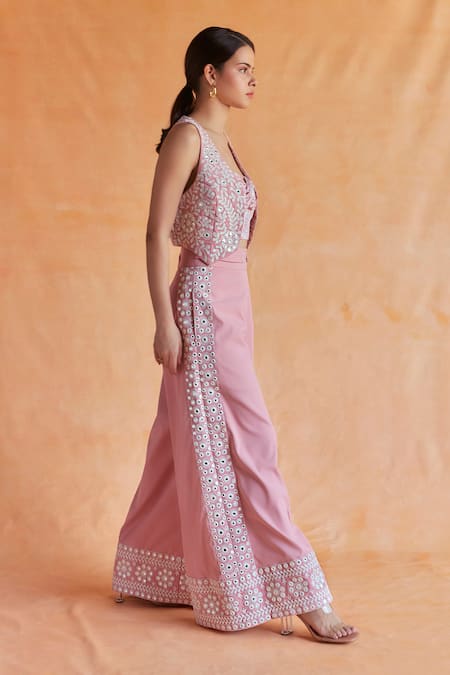Shop Shruti Sancheti Pink Viscose Embroidery, Mirrors V-neck Waistcoat And Pant Set at Aza Fashions Shop_Shruti Sancheti_Pink Viscose Embroidery, Mirrors V-neck Waistcoat And Pant Set _at_Aza_Fashions