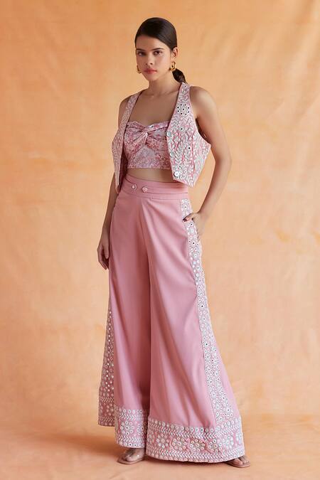 Shruti Sancheti Pink Viscose Embroidery, Mirrors V-neck Waistcoat And Pant Set Online at Aza Fashions Shruti Sancheti_Pink Viscose Embroidery, Mirrors V-neck Waistcoat And Pant Set _Online_at_Aza_Fashions