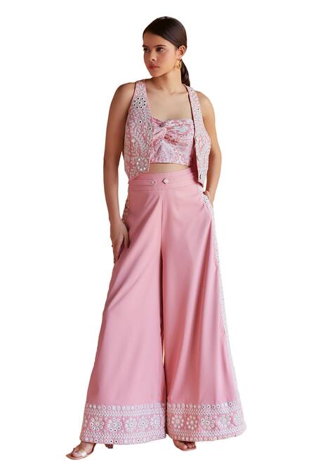 Shop Shruti Sancheti Pink Viscose Embroidery, Mirrors V-neck Waistcoat And Pant Set Online at Aza Fashions Shop_Shruti Sancheti_Pink Viscose Embroidery, Mirrors V-neck Waistcoat And Pant Set _Online_at_Aza_Fashions