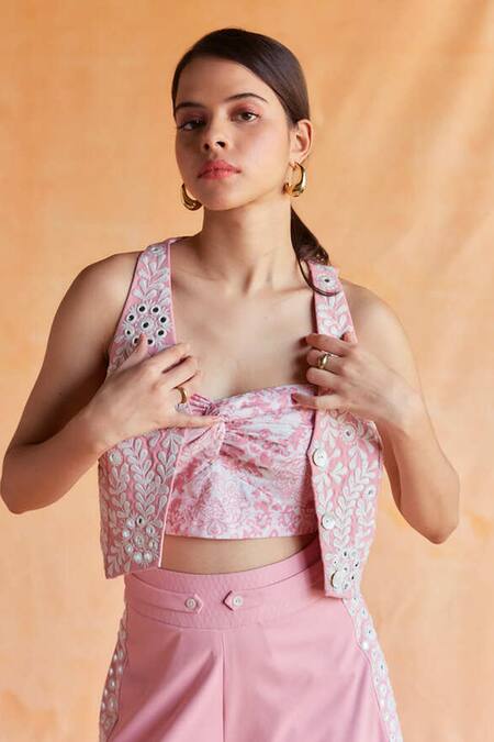 Shruti Sancheti Pink Viscose Embroidery, Mirrors V-neck Waistcoat And Pant Set at Aza Fashions Shruti Sancheti_Pink Viscose Embroidery, Mirrors V-neck Waistcoat And Pant Set _at_Aza_Fashions