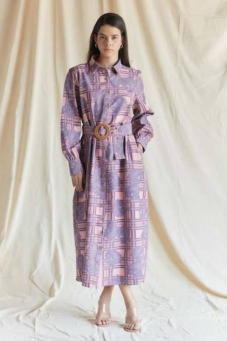 Shop Shruti Sancheti Purple Viscose Buckles Collared Paisley Print Shirt Dress With Belt at Aza Fashions Shop_Shruti Sancheti_Purple Viscose Buckles Collared Paisley Print Shirt Dress With Belt _at_Aza_Fashions