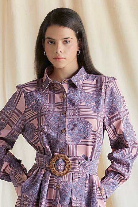 Shruti Sancheti Purple Viscose Buckles Collared Paisley Print Shirt Dress With Belt Online at Aza Fashions Shruti Sancheti_Purple Viscose Buckles Collared Paisley Print Shirt Dress With Belt _Online_at_Aza_Fashions