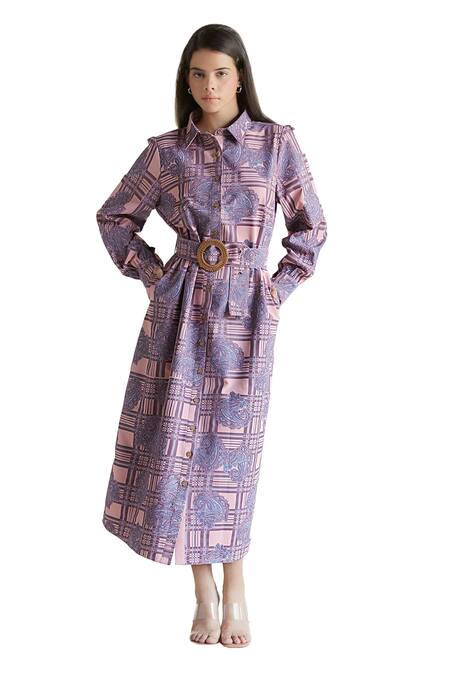 Buy Shruti Sancheti Purple Viscose Buckles Collared Paisley Print Shirt Dress With Belt Online at Aza Fashions Buy_Shruti Sancheti_Purple Viscose Buckles Collared Paisley Print Shirt Dress With Belt _Online_at_Aza_Fashions