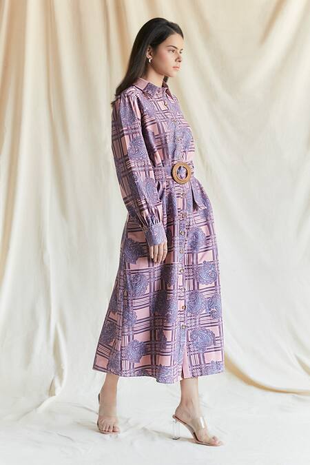 Shop Shruti Sancheti Purple Viscose Buckles Collared Paisley Print Shirt Dress With Belt Online at Aza Fashions Shop_Shruti Sancheti_Purple Viscose Buckles Collared Paisley Print Shirt Dress With Belt _Online_at_Aza_Fashions