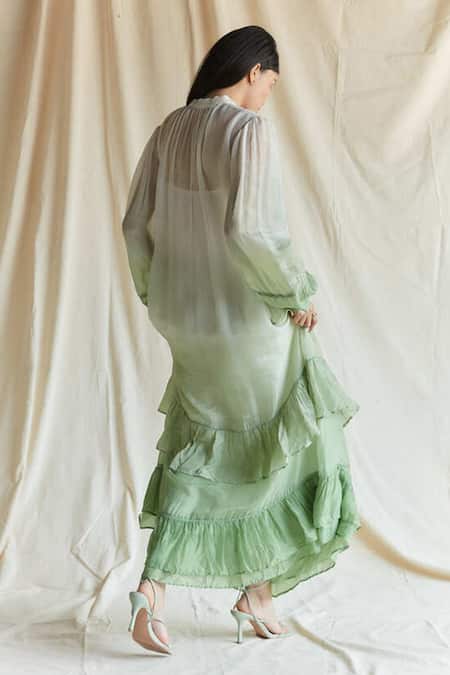Shop Shruti Sancheti Green Silk Keyhole Neck Tiered Hemline Maxi Dress at Aza Fashions Shop_Shruti Sancheti_Green Silk Keyhole Neck Tiered Hemline Maxi Dress _at_Aza_Fashions
