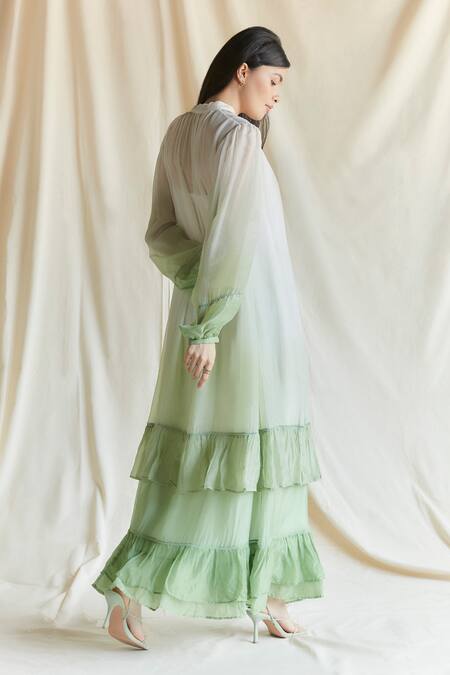 Shop Shruti Sancheti Green Silk Keyhole Neck Tiered Hemline Maxi Dress Online at Aza Fashions Shop_Shruti Sancheti_Green Silk Keyhole Neck Tiered Hemline Maxi Dress _Online_at_Aza_Fashions
